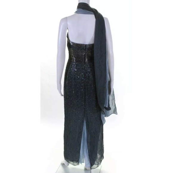 Neil Bieff Blue Gray Beaded Chiffon Corseted Halter Sashed Maxi Dress Size 0 - Picture 2 of 7